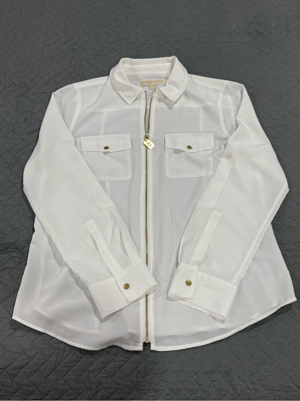 Michael Kors White Sheer Zip-Front Utility Blouse with Gold Accents